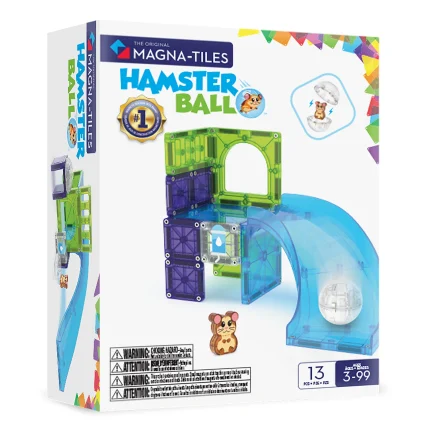 MAGNA-TILES® Hamster Ball Manyetik Bloklar (13 Parça) 3-99 yaş arası için Magna-Tiles Hamster Topu seti kutusu; 13 adet saydam manyetik parça ve pist yapımı için plastik bir hamster topu içerir.