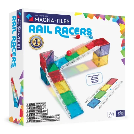 MAGNA-TILES® Rail Racers Manyetik Blok Seti (33 Parça) kutu ön görseli, renkli parçalar ve raylı araç tasarımıyla.