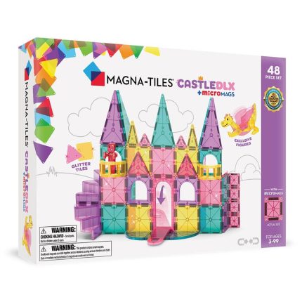 MAGNA-TILES® Castle Deluxe Prenses Şatosu Manyetik Blok Seti (48 Parça) kutu ön görseli, renkli parçalar ve şato tasarımıyla.