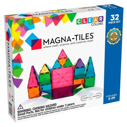 MAGNA-TILES® Clear Color Manyetik Blok Seti (32 Parça) kutu ön görseli, renkli ve şeffaf parçalarla.