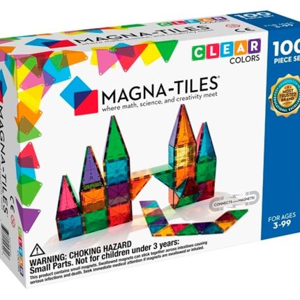 MAGNA-TILES® Clear Color Manyetik Bloklar (100 Parça) kutu ön görseli, renkli ve şeffaf parçalarla.