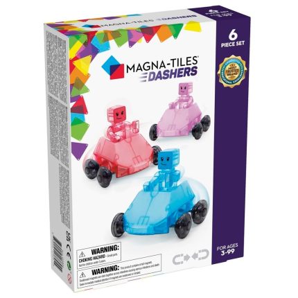 MAGNA-TILES® - Dashers Manyetik Bloklar - (6 Parça) kutu ön görseli. Set içinde 3 araç (kırmızı, mavi, mor) ve 3 figür (kırmızı, mavi, mor) bulunmaktadır.
