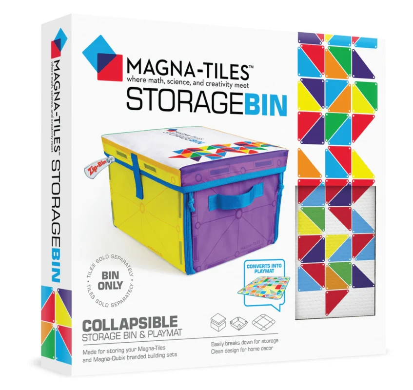 MAGNA-TILES® Manyetik Blok Saklama Kutusu ve Oyun Matı kutu ön görseli, setin saklama kutusu ve oyun matını gösteriyor.