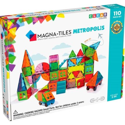 MAGNA-TILES® Metropolis Manyetik Bloklar (110 Parça) kutu ön görseli, tüm parçalar renkli ve şeffaf.