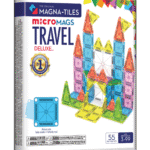 MAGNA-TILES® MicroMAGS Travel Deluxe Seyahat Seti Manyetik Bloklar (55 Parça) metal kutu önden görünüm, kutuda parça sayısı, magnet görseli ve yaş aralığı belirtilmiş.