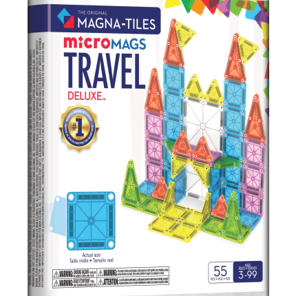MAGNA-TILES® MicroMAGS Travel Deluxe Seyahat Seti Manyetik Bloklar (55 Parça) metal kutu önden görünüm, kutuda parça sayısı, magnet görseli ve yaş aralığı belirtilmiş.