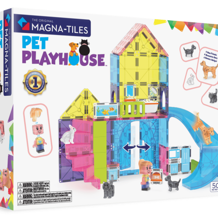 MAGNA-TILES® Pet Playhouse Manyetik Blok Seti (50 Parça) kutu ön görseli, renkli parçalar ve playhouse tasarımıyla.