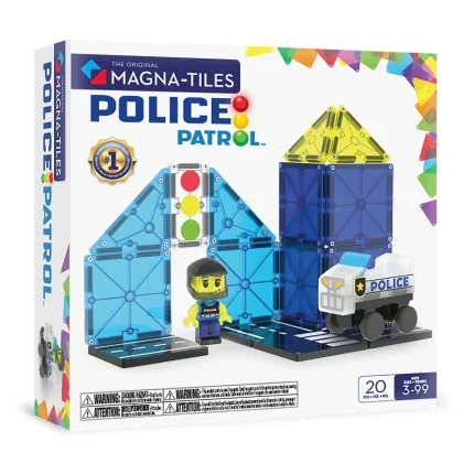 MAGNA-TILES® Police Patrol Manyetik Bloklar (20 Parça)-1 ön kutu görseli, çocukların polis devriye araçları ve bloklarla oynayabileceği eğitici ve renkli manyetik oyuncak seti.