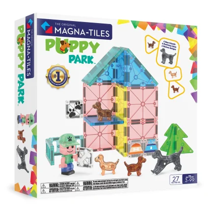 MAGNA-TILES® Puppy Park Manyetik Blok Seti (27 Parça) görseli, çocukların köpek temalı manyetik bloklarla eğlenceli oyunlar oynayabileceği renkli ve eğitici oyuncak seti.