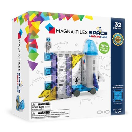 MAGNA-TILES® Space Uzay Manyetik Blok Seti (32 Parça) kutu ön görseli, renkli parçalar ve uzay temalı tasarımla.