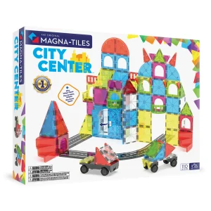 MAGNA-TILES® City Center Manyetik Bloklar (110 Parça) manyetik blok seti görseli, çocukların yaratıcı ve eğitici oyun saatleri için renkli bloklarla inşa edilmiş şehir merkezini gösteriyor.