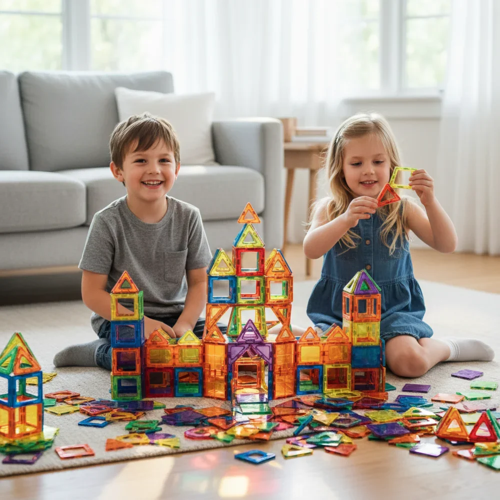 Çocuklar Magna-Tiles setleri ile oynarken