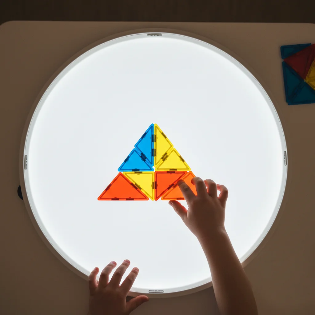 Işıklı masa üzerinde Magna-Tiles geometrik şekiller ile STEM eğitimi yapan çocuk