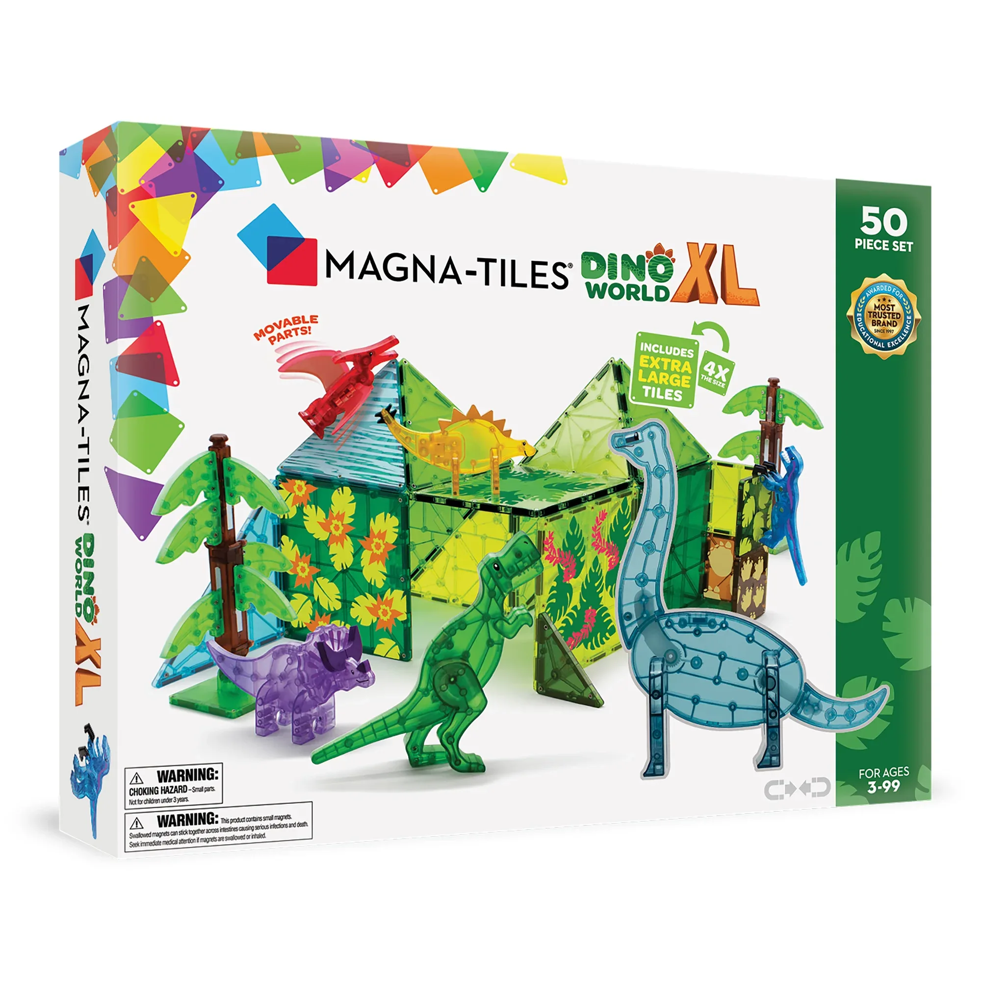 MAGNA-TILES-Dinozorlar-Manyetik-Bloklar-Dino-World-XL-Set-50 Parca-on-kutu-gorseli MAGNA-TILES Dino World XL 50 Parça setinin ön kutu görseli; dinozor figürleri ve manyetik bloklarla hazırlanmış renkli ambalaj tasarımı
