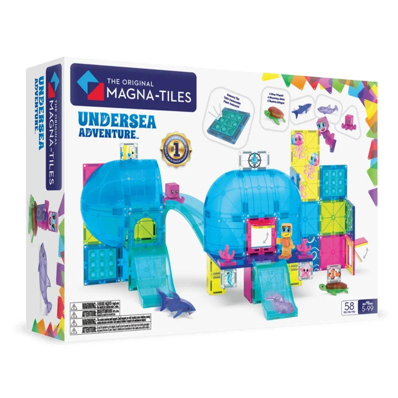MAGNA-TILES Sualtı Macerası 58 Parça manyetik yapı seti ön kutu görseli, deniz altı temalı çocuk yapı oyunu ambalaj tasarımı.